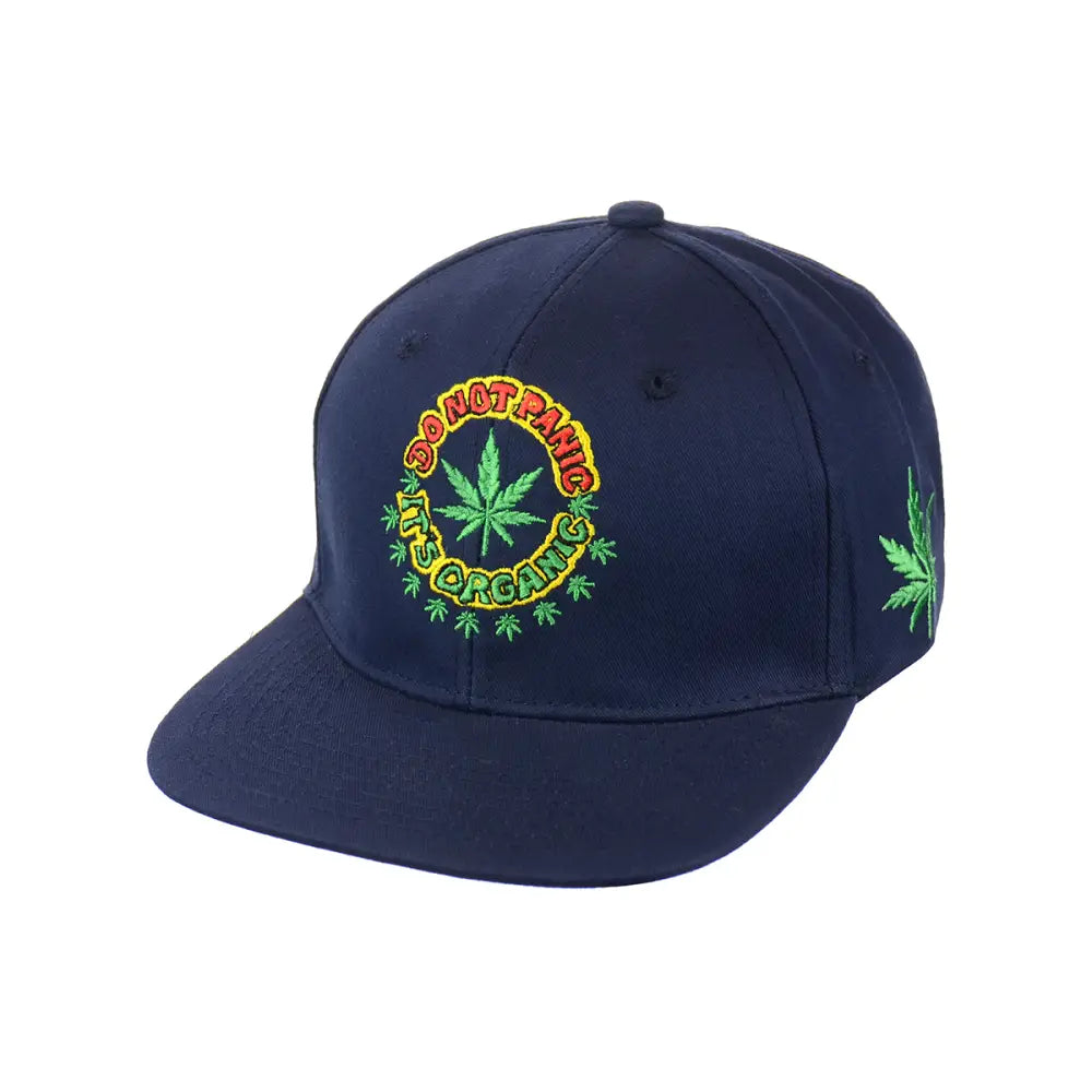 Navy blue panic leaf embroidered snapback hat with colorful marijuana leaf logo