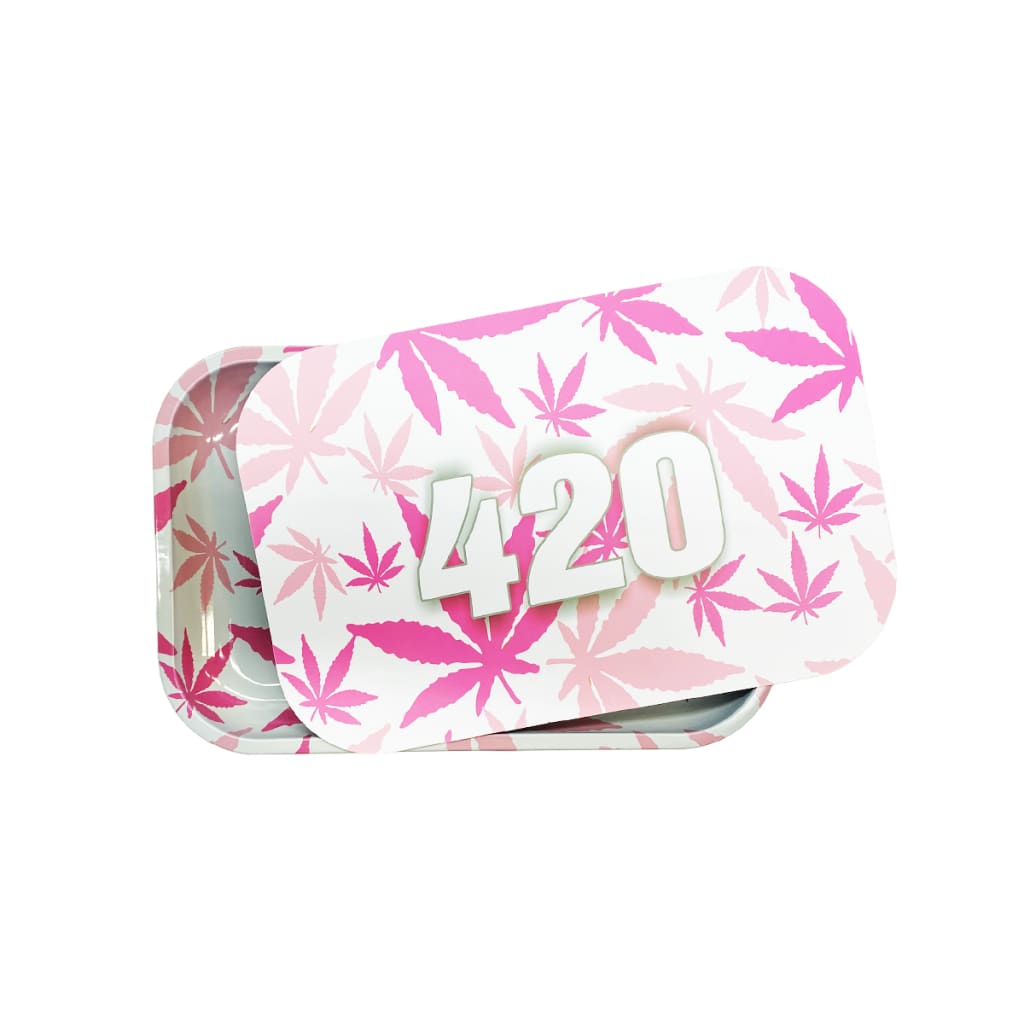 Pink 420 Magnetic Lid Medium Rolling Tray with cannabis leaf pattern for stylish sessions