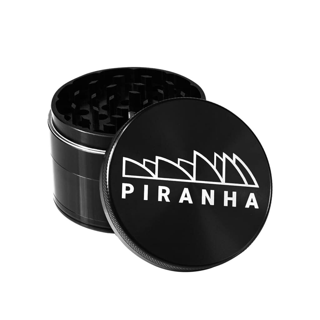Black Metal Piranha Aluminum 3-piece Grinder With Razor-sharp Teeth And Piranha Branding