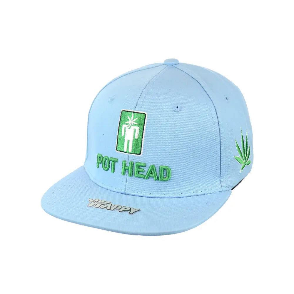 Light blue pot head leaf embroidered snapback hat in 100% cotton for stylish comfort