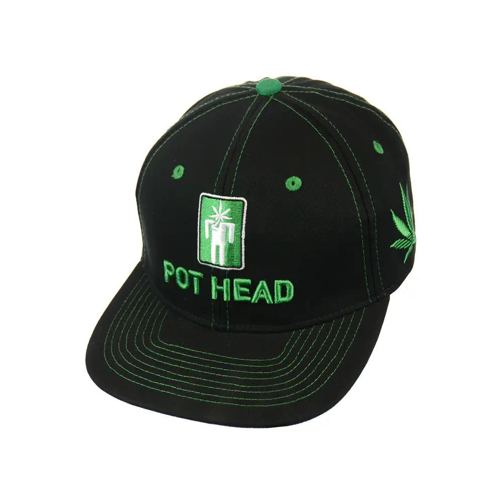 Black baseball cap with green accents from Pot Head Leaf Embroidered Snapback Hat collection
