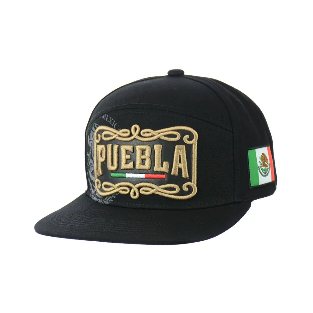 Black Puebla embroidered snapback hat with stylish embroidery suitable for casual wear