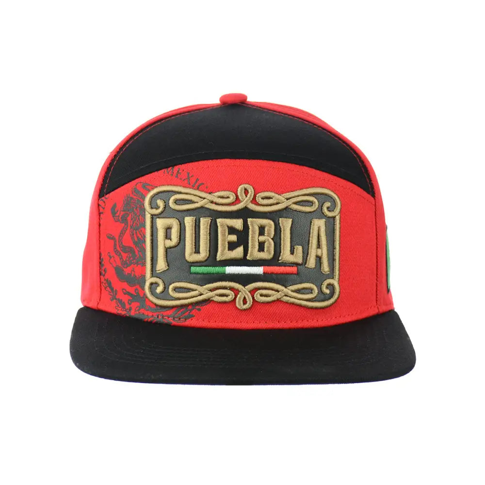Red and black Puebla embroidered snapback hat with emblem, fashionable and functional