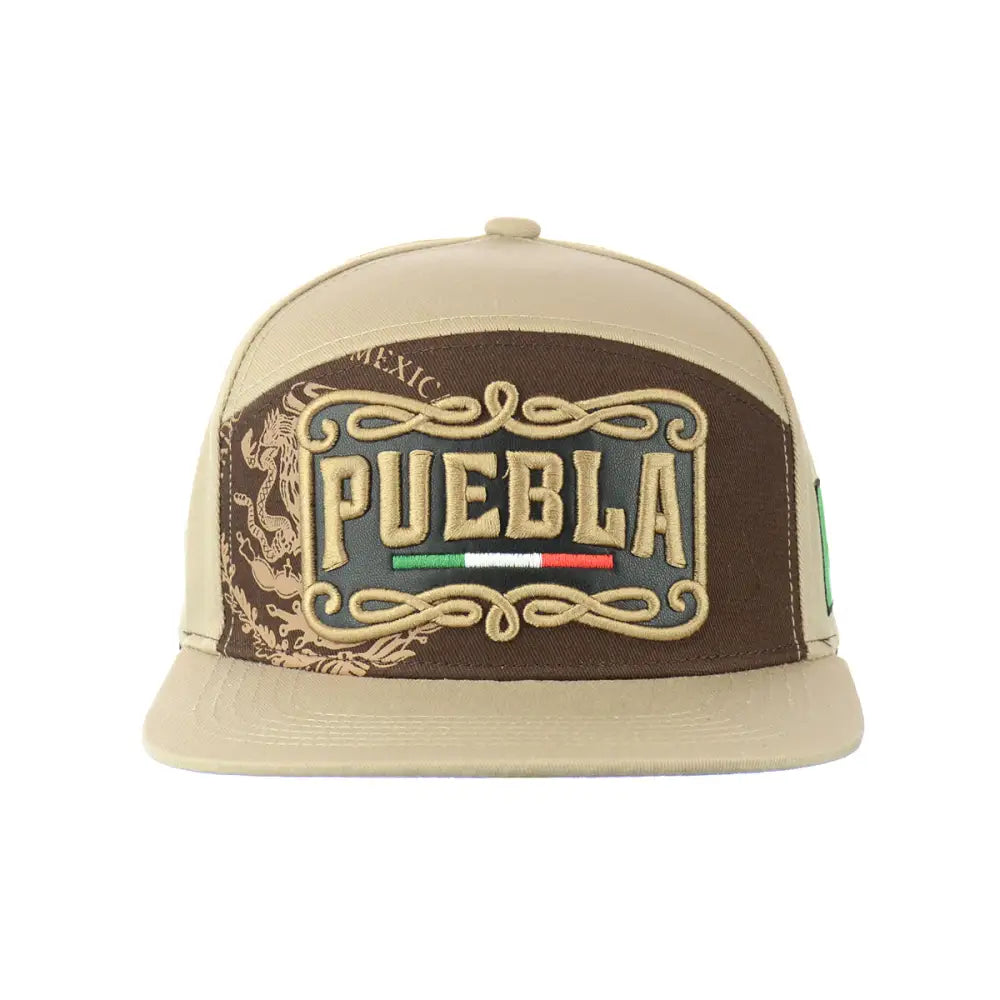 Tan Puebla embroidered snapback hat with Puebla design, fashionable and functional