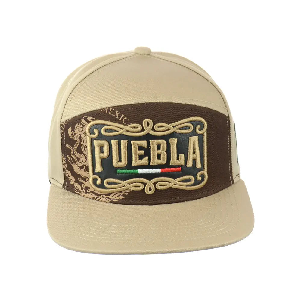 Tan Puebla embroidered snapback hat with Puebla emblem, stylish and functional headwear