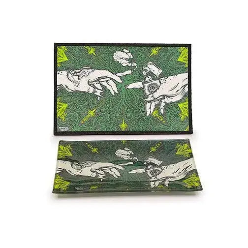 Puff puff pass matching glass tray with hands holding joint and pipe
