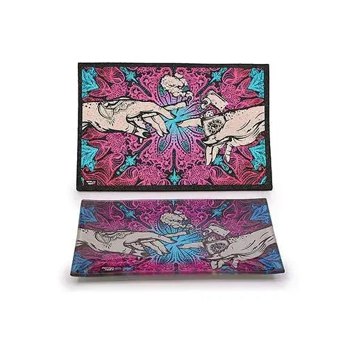 Vibrant Puff Puff Pass matching glass tray with pink teal creation hands design