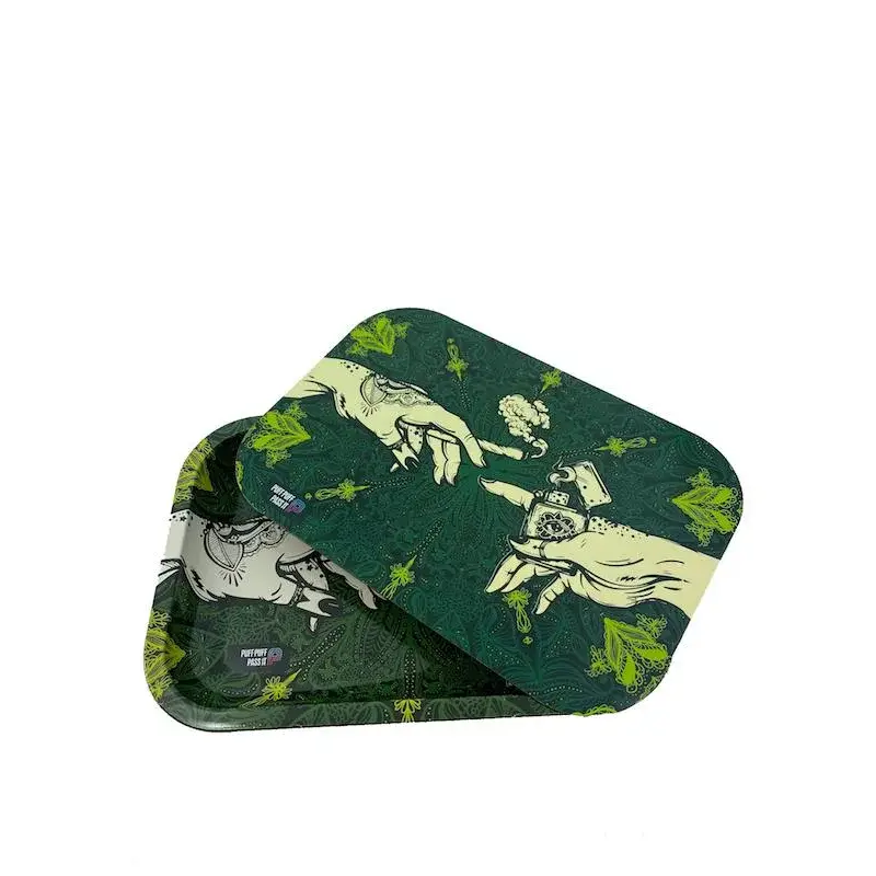 Puff puff pass metal rolling tray with hands, cigarette and lighter