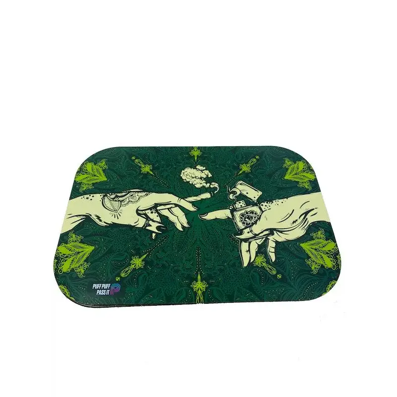Puff puff pass metal rolling tray with hands cigarette lighter neon leaves