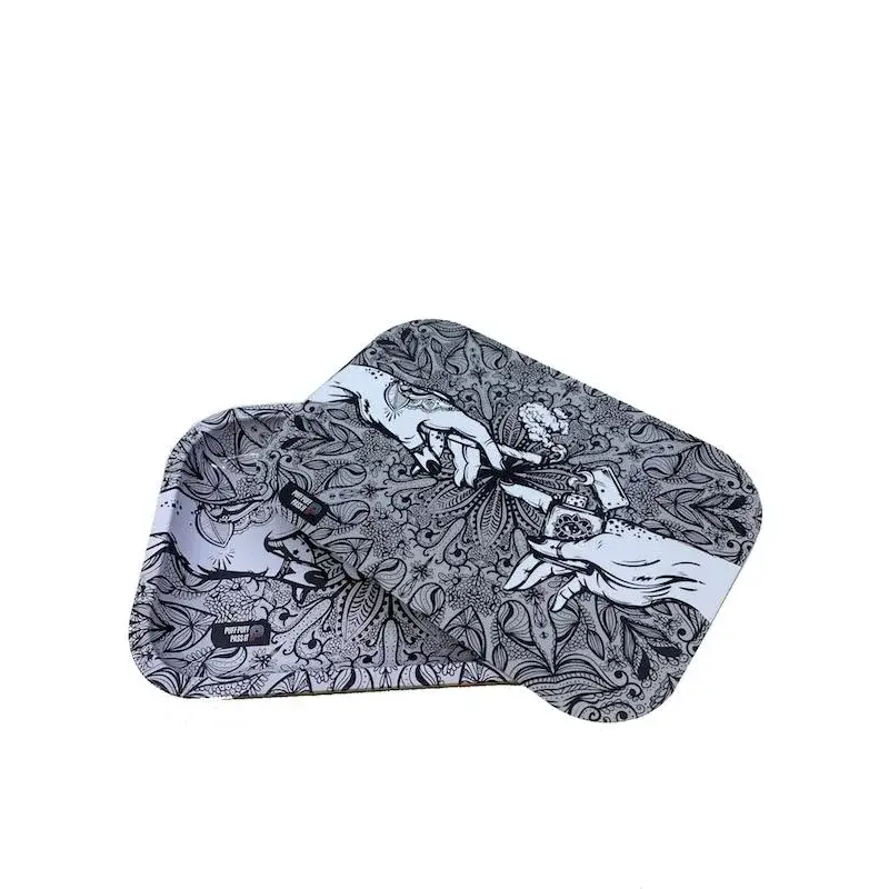 Puff Puff Pass metal rolling tray with gray black pattern and cannabis hands