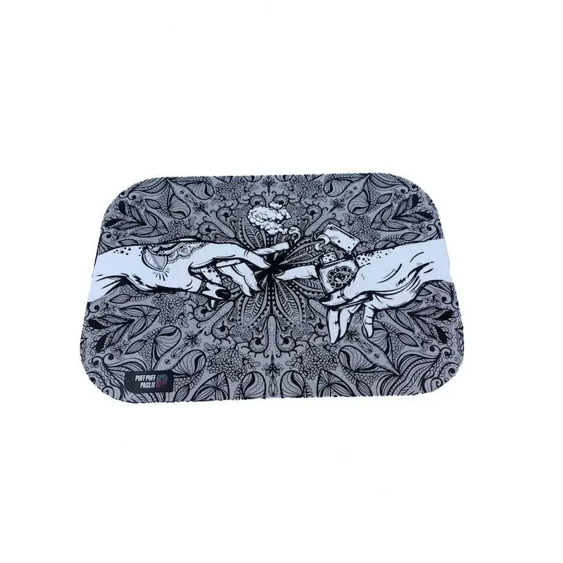 Puff puff pass metal rolling tray with gray grilling mat and hands lighter joint design