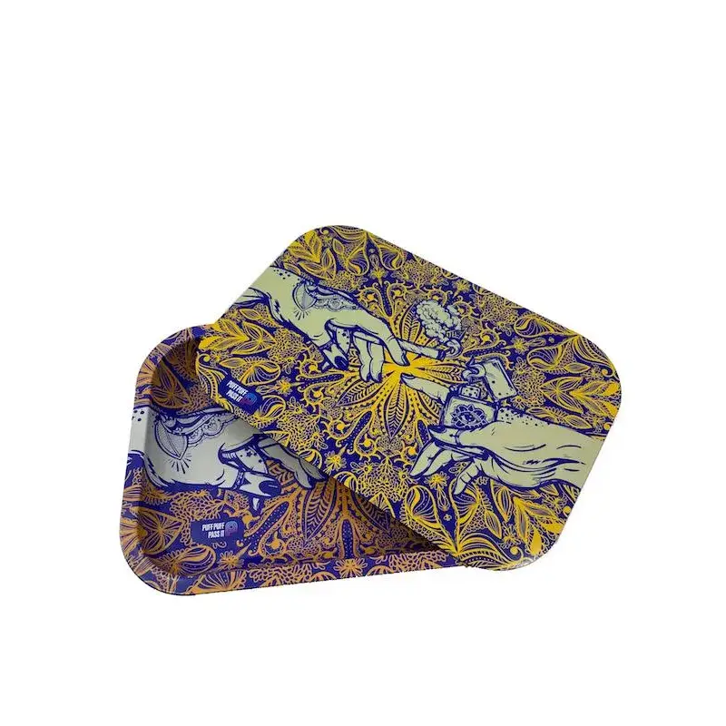 Puff puff pass metal rolling tray with blue gold hands flower design