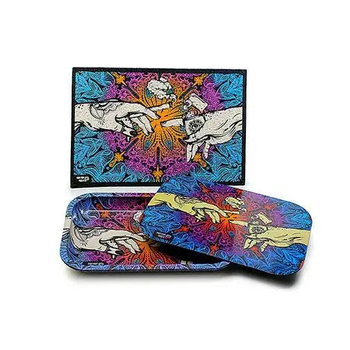 Puff Puff Pass psychedelic tray with cosmic hands design