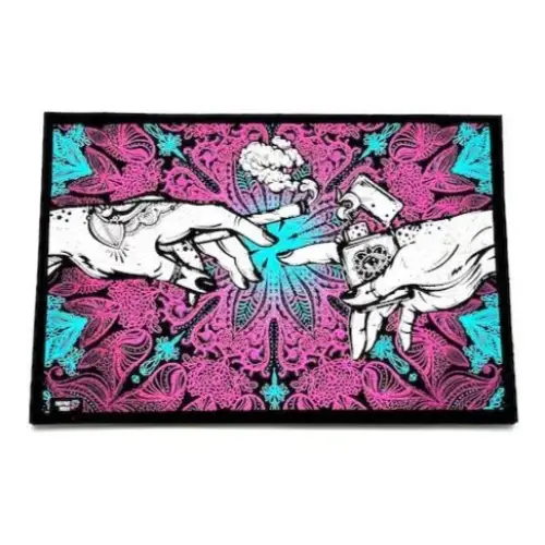 Vibrant Puff Puff Pass Moodmats tapestry with pink teal hands, cannabis bud and lighter