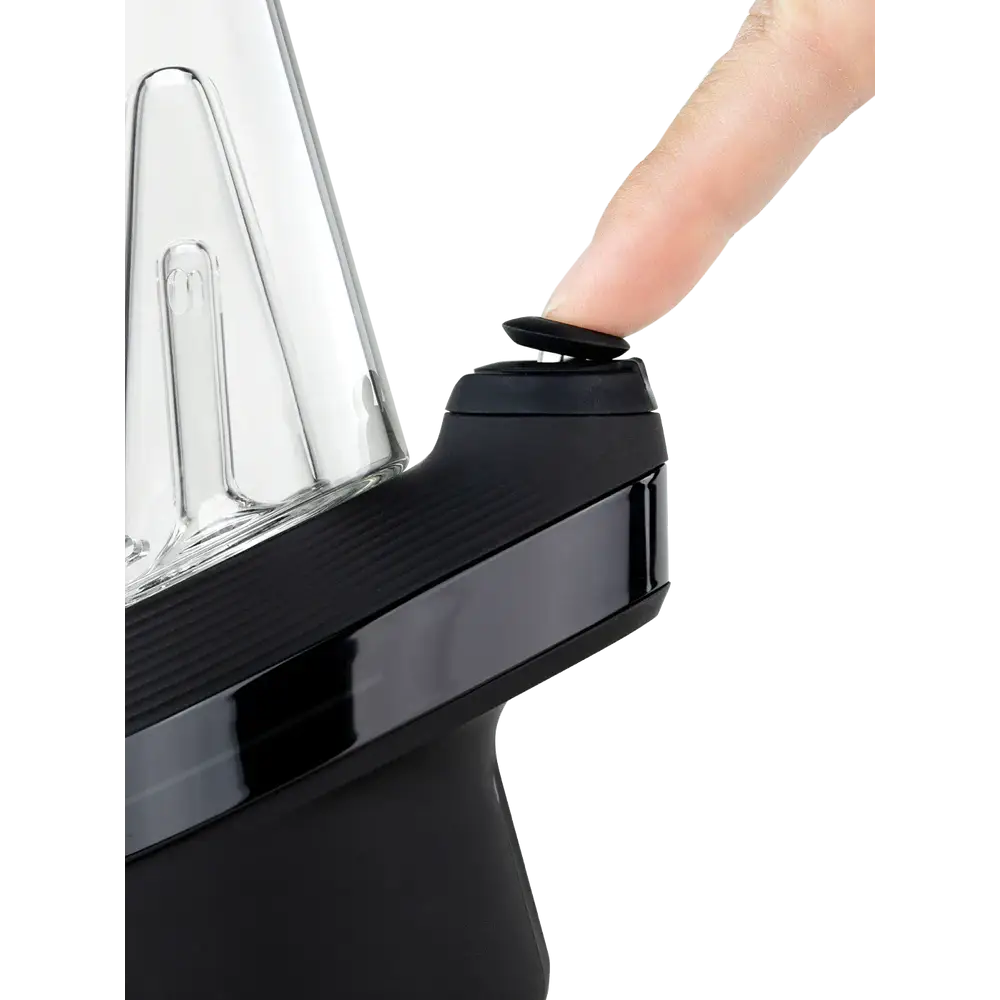 Black Puffco Peak Intelligent Vaporizer with glass attachment and button press