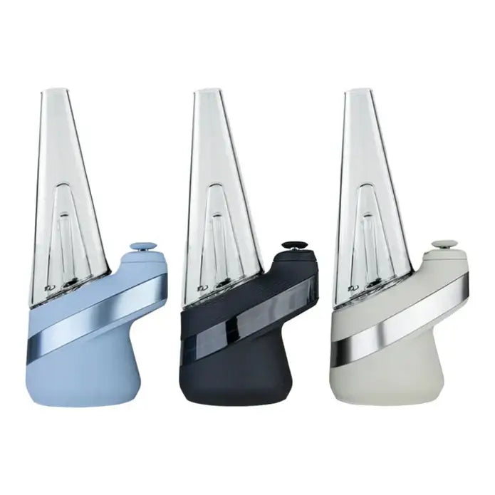 Three colorful Puffco Peak Intelligent Vaporizers with 3D Chamber and Joystick Cap