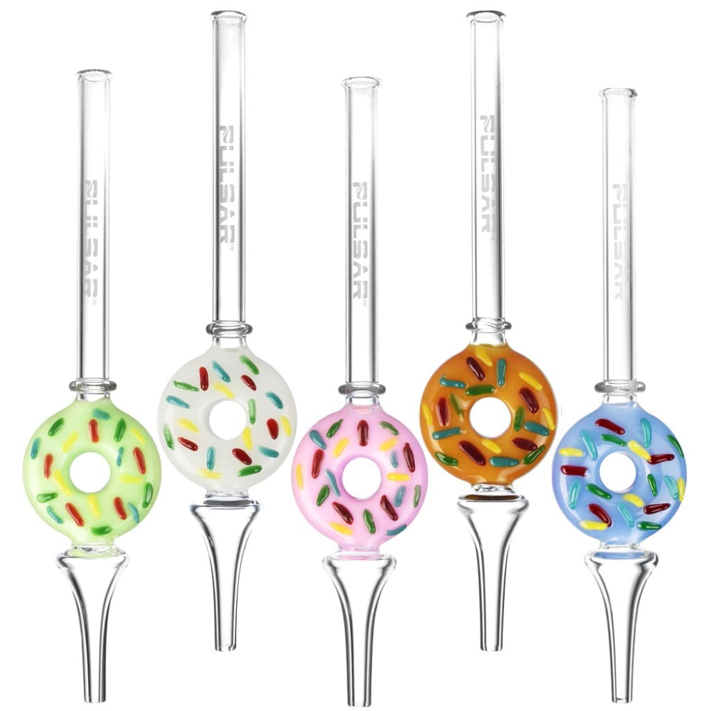 Pulsar Frosted Donut Dab Straw – Colorful glass bongs shaped like donuts with sprinkles