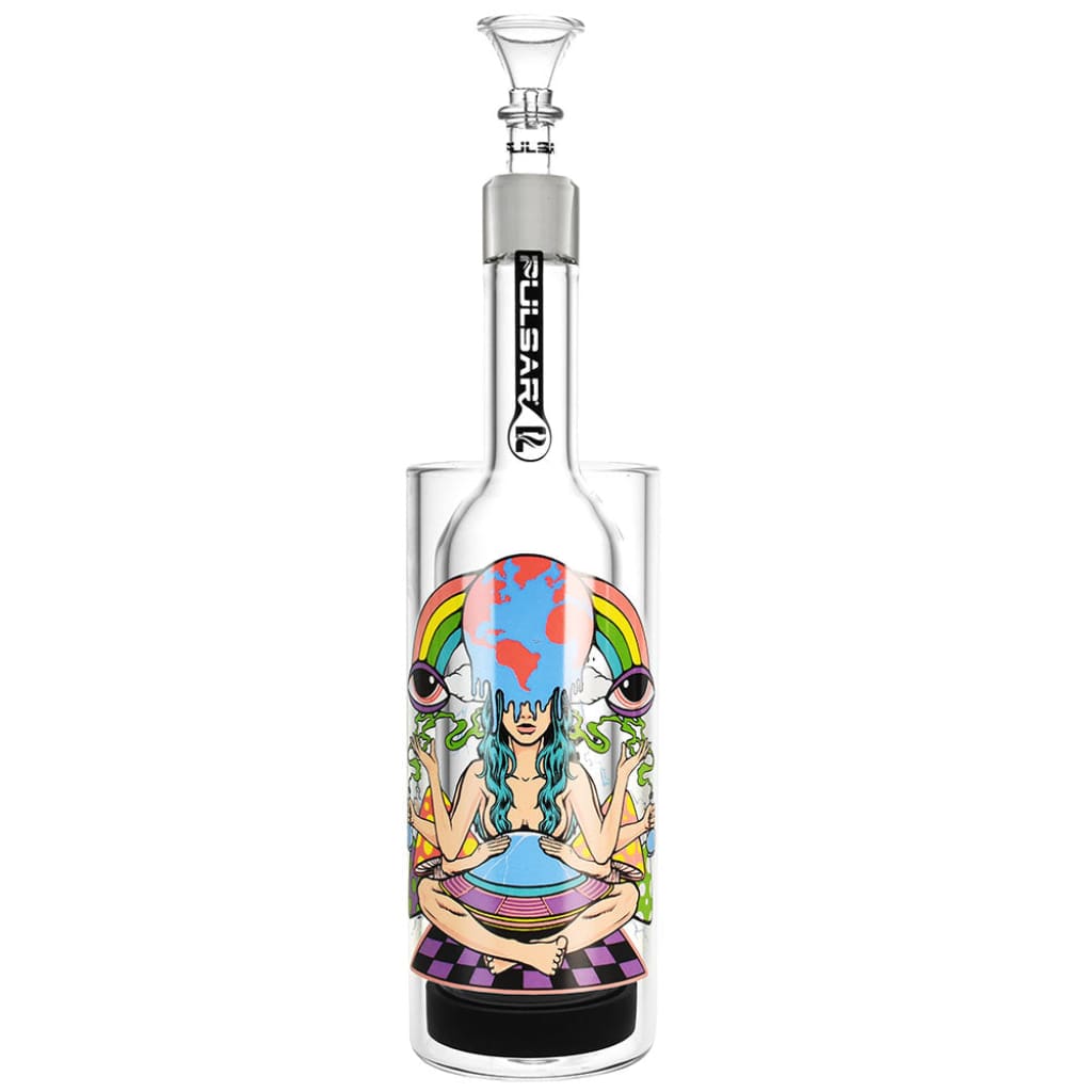 Decorative Glass Gravity Water Pipe With Psychedelic Art By Julian Akbar Featuring a Seated Figure
