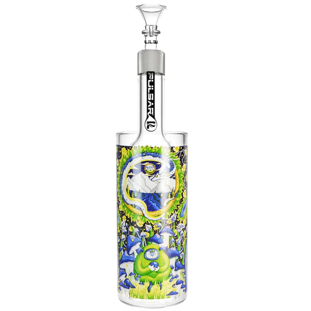 Pulsar Remembering Gravity Water Pipe by Artist Hannah Bunzey, 11.5 inch clear glass bong with vibrant cartoonish green and blue characters