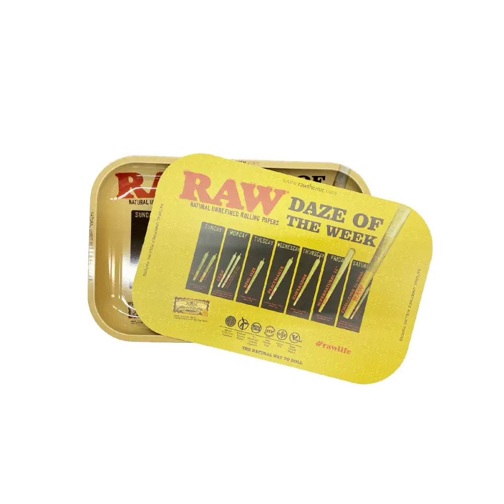 Yellow RAW Magnetic Lid Medium Metal Rolling Tray featuring Daze of the Week design