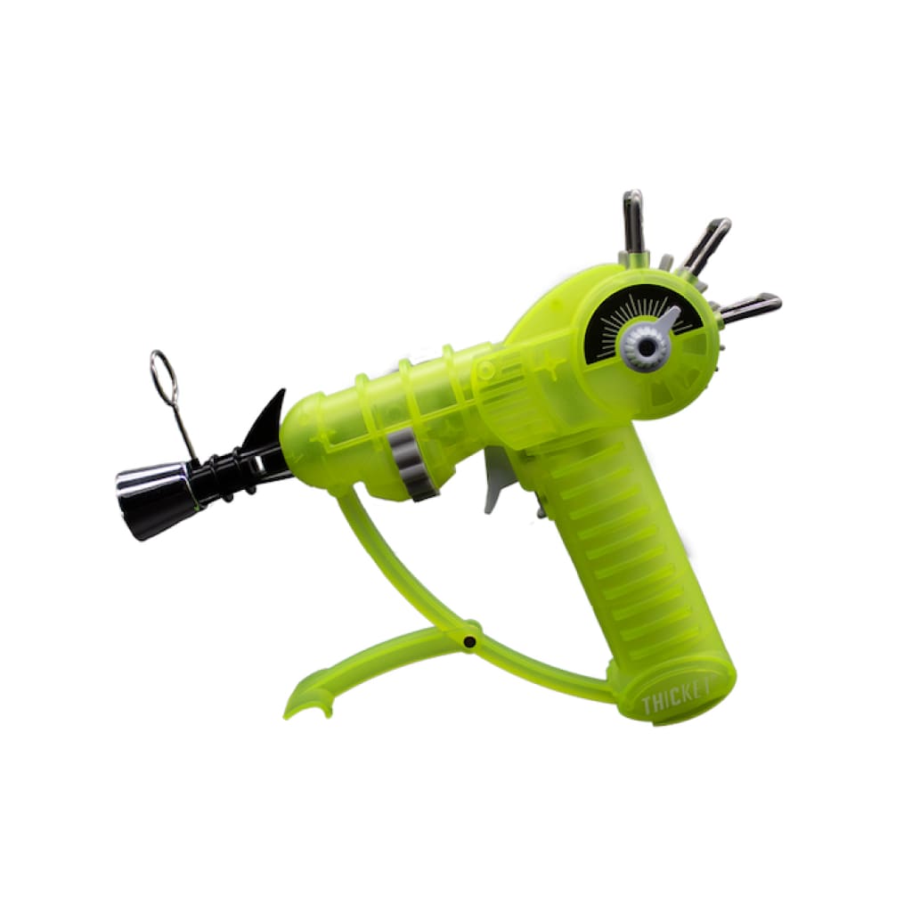 Bright green futuristic real-life ray gun torch with metallic accents, glow in the dark