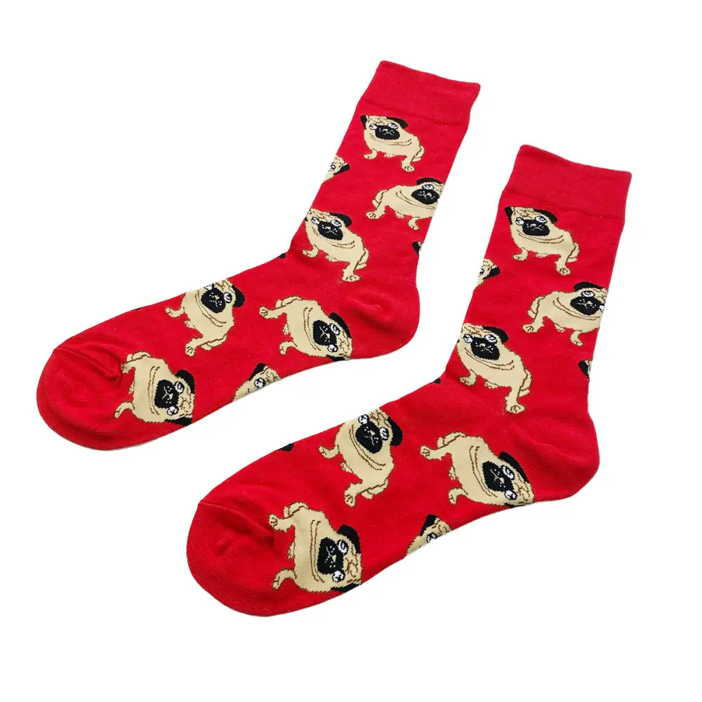 Red Frenchie socks featuring a pug pattern for a comfortable, durable fit for all sizes