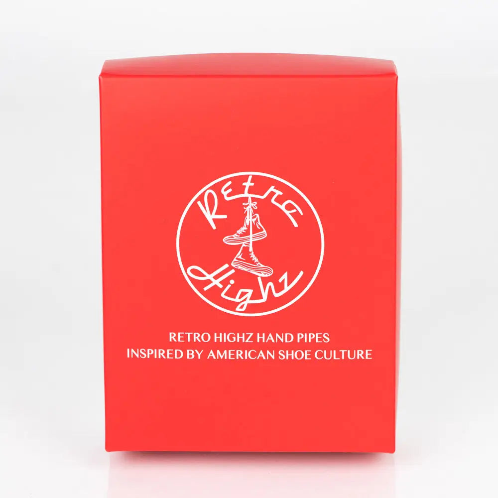Red box with shoe logo for Retro Highz V2 Red sneaker product, ideal for glass water pipes and vaporizers enthusiasts