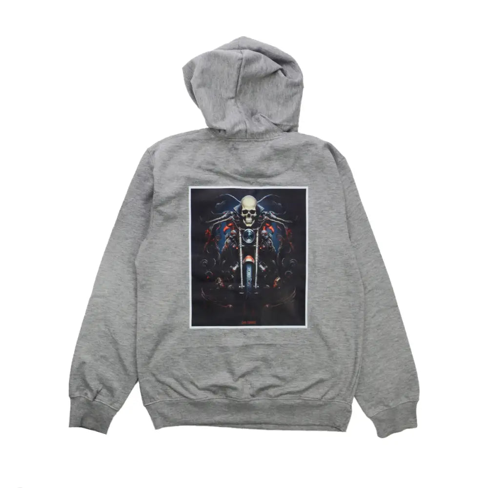 Gray Rider’s Hoodie featuring a skull and motorcycle design for stylish rides