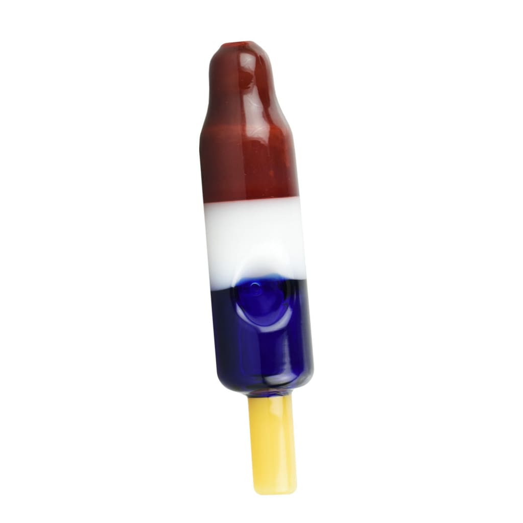 Rocket pop glass hand pipe in sturdy borosilicate glass with red, white, and blue popsicle design