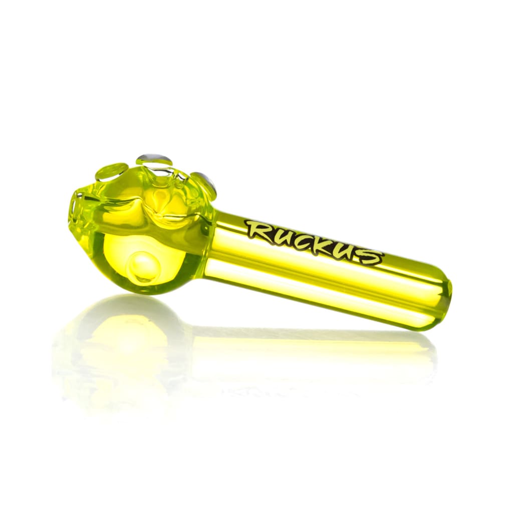 Ruckus glass freezable pipe in vibrant neon colors with bulbous bowl and ’Ruckus’ branding
