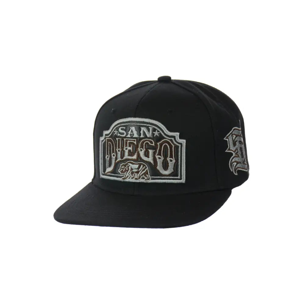 Black san diego embroidered snapback hat with San Diego emblem for style and comfort