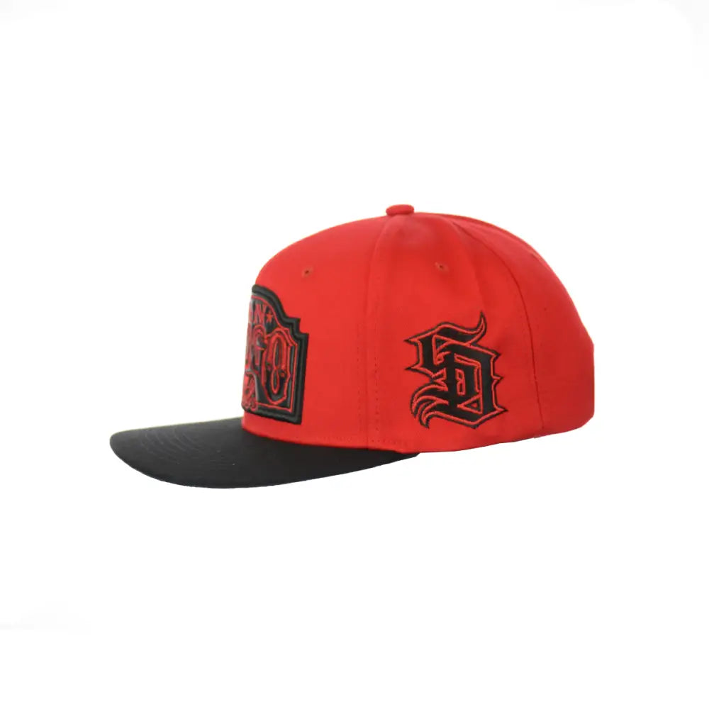 Red and black San Diego embroidered snapback hat for stylish comfort