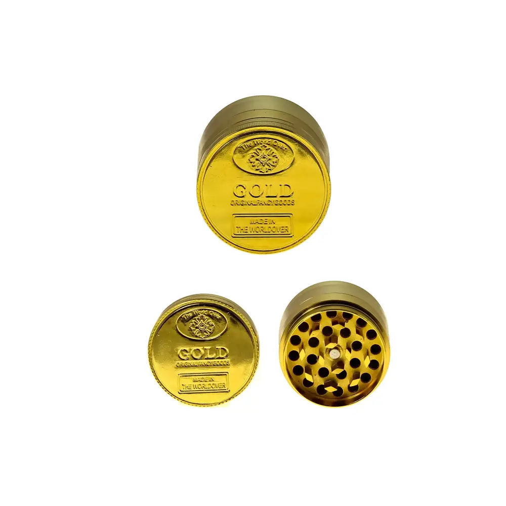 Shiny gold coin grinder premium herb grinder with engraved branding
