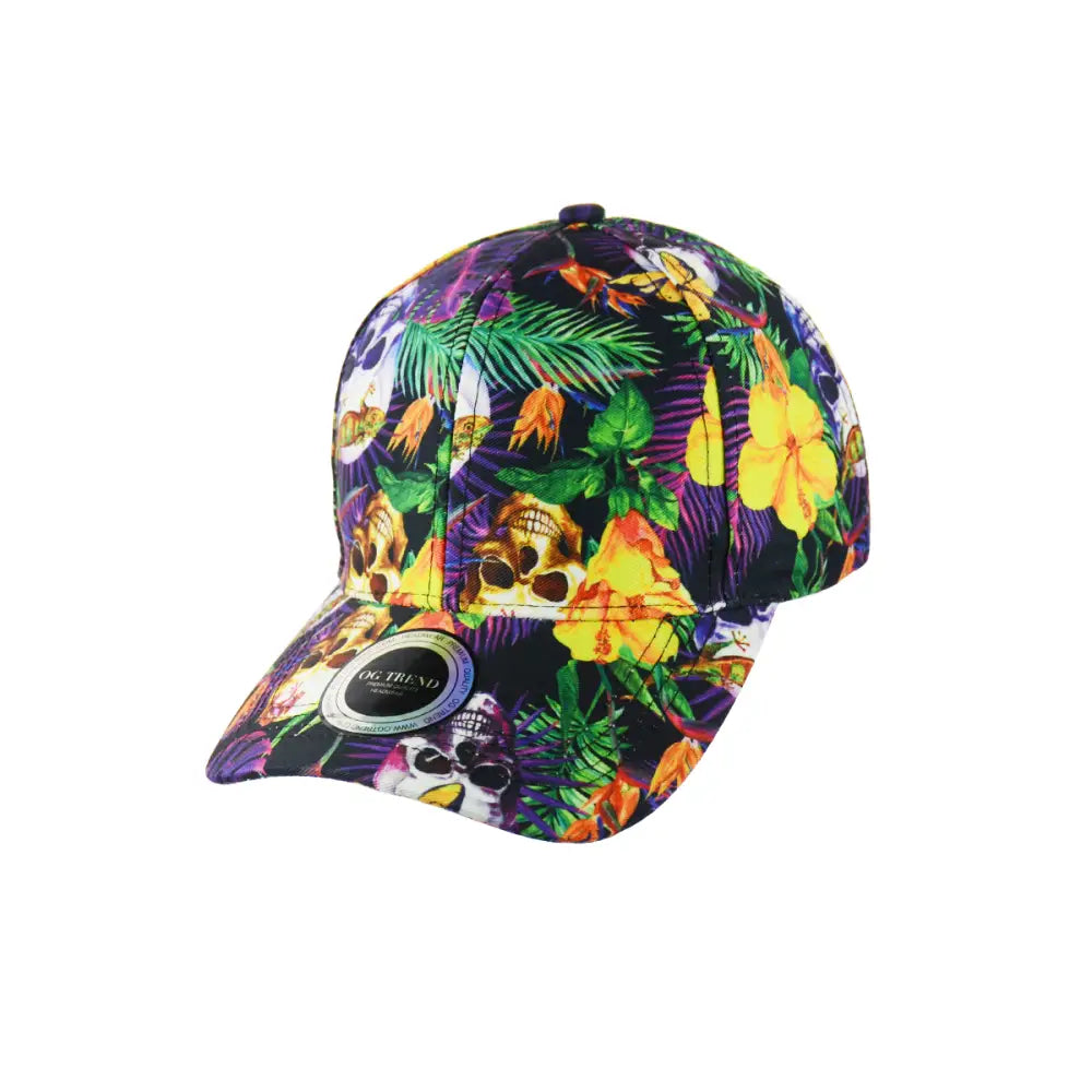 Tropical skull flowers print baseball hat snapback in vibrant yellow, purple, and green
