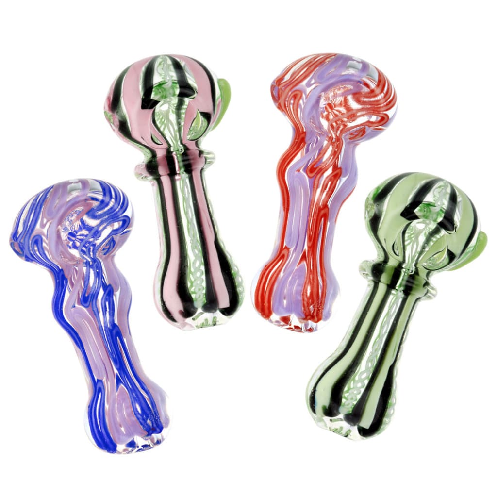 Colorful glass smoking pipe with slime squiggle multicolored swirl design on a multicolored spoon pipe