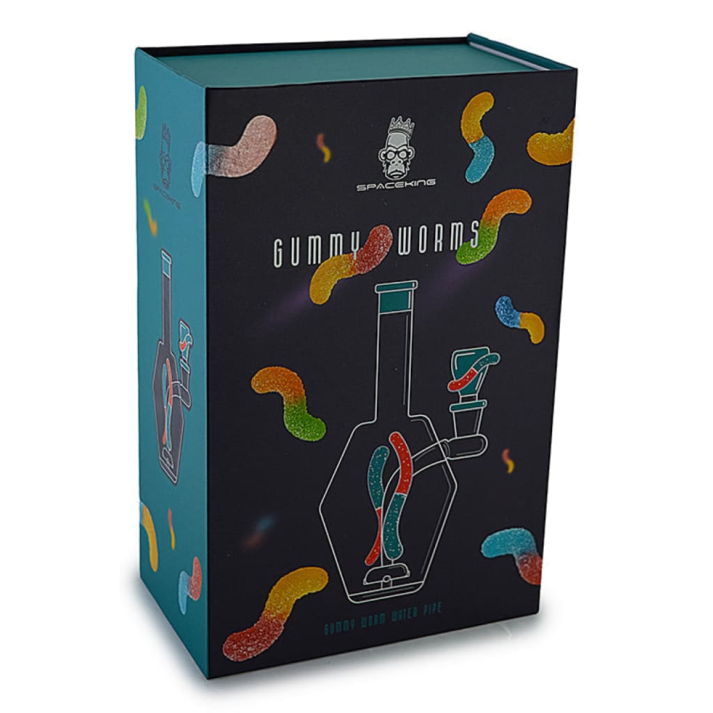 Space King Gummy Worms Water Pipe: Vibrant box with colorful gummy worms and bong design