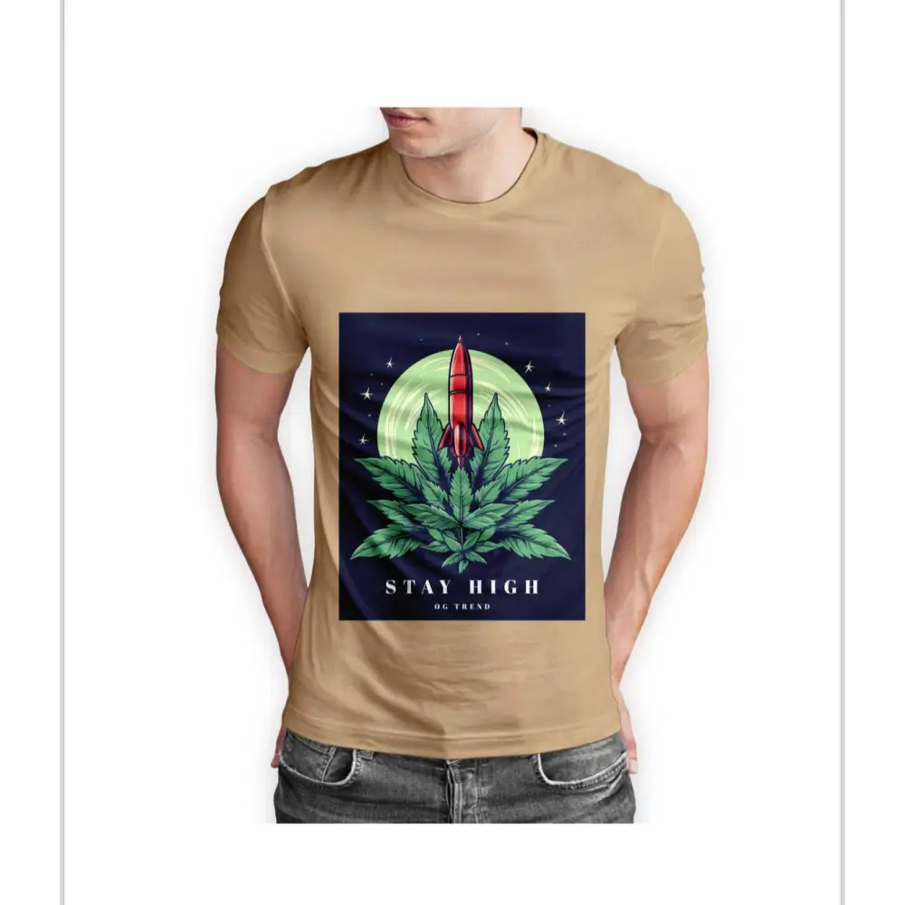 Tan Stay High Half Sleeve T-shirt featuring a marijuana leaf and rocket graphic design