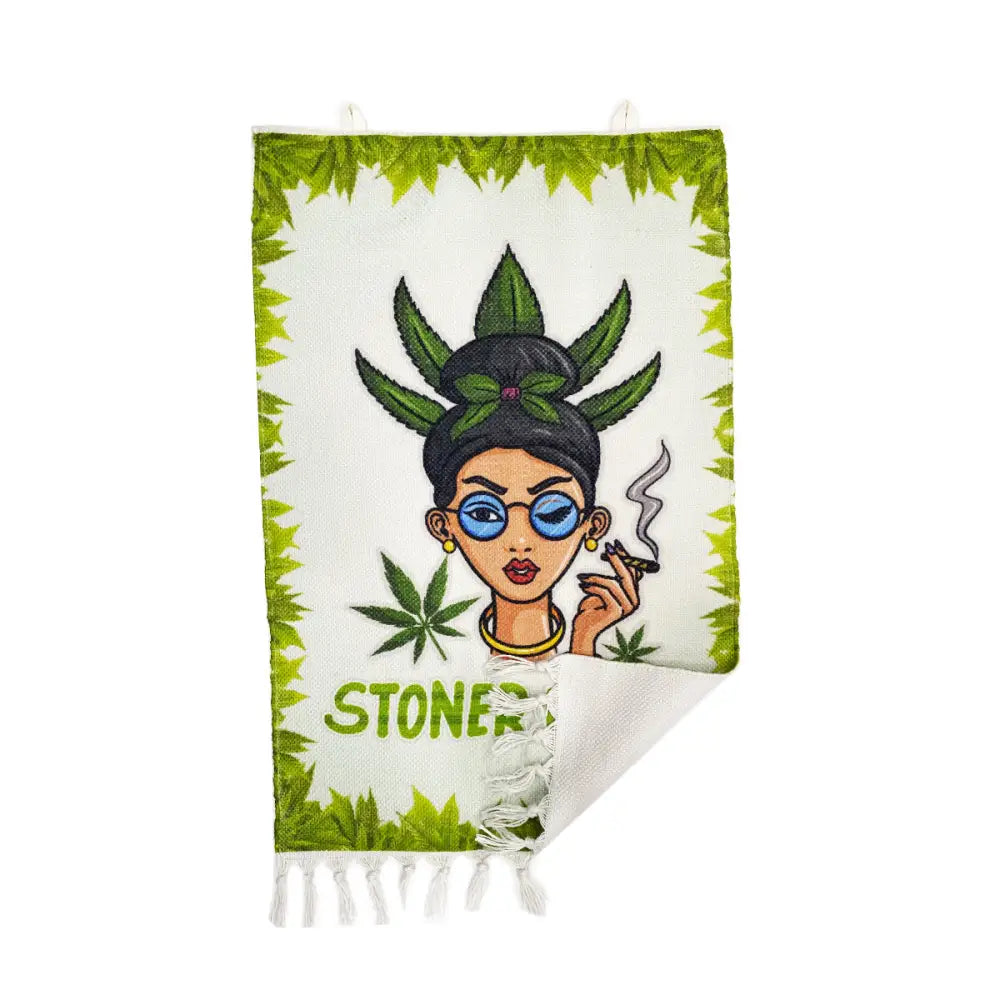 Stoner Mom Art white woven blanket with cannabis leaves in blue-sunglassed woman’s hair, Smokerolla Magazine decor