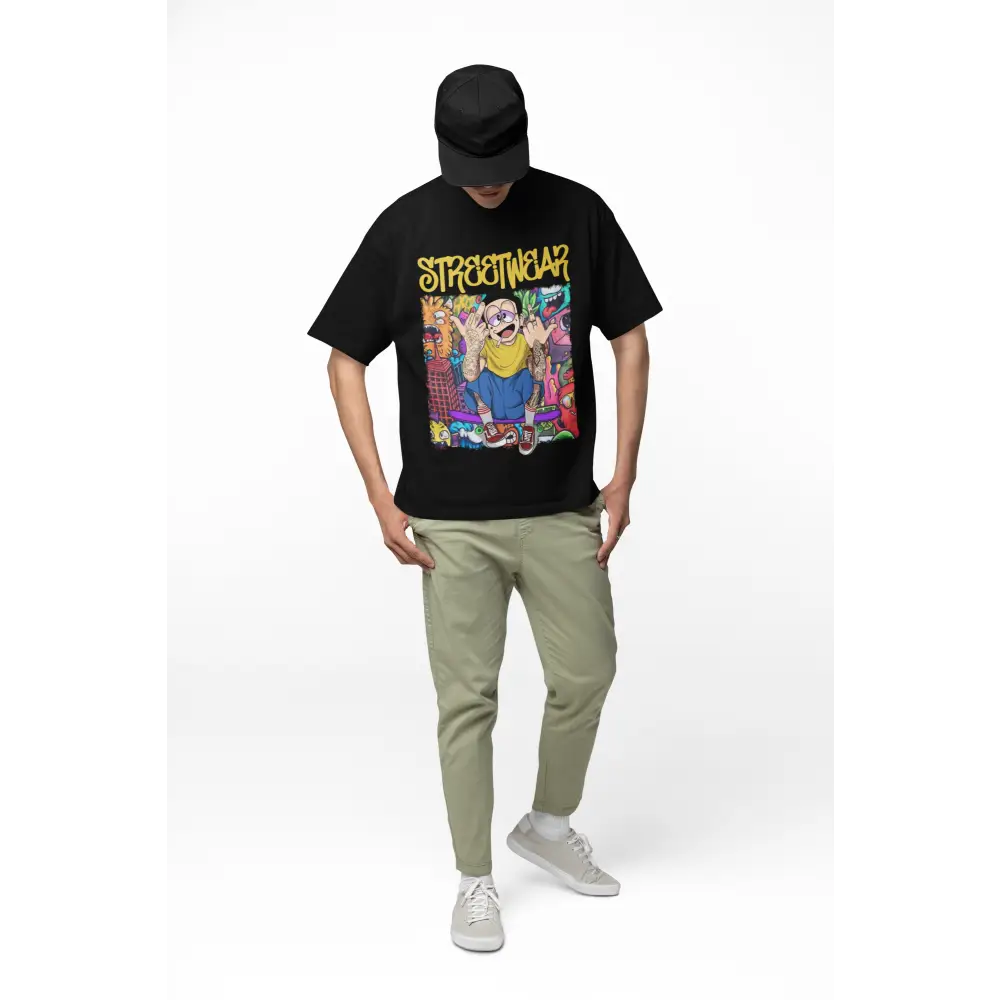 Man wearing street wear half sleeve black t-shirt with trendy print