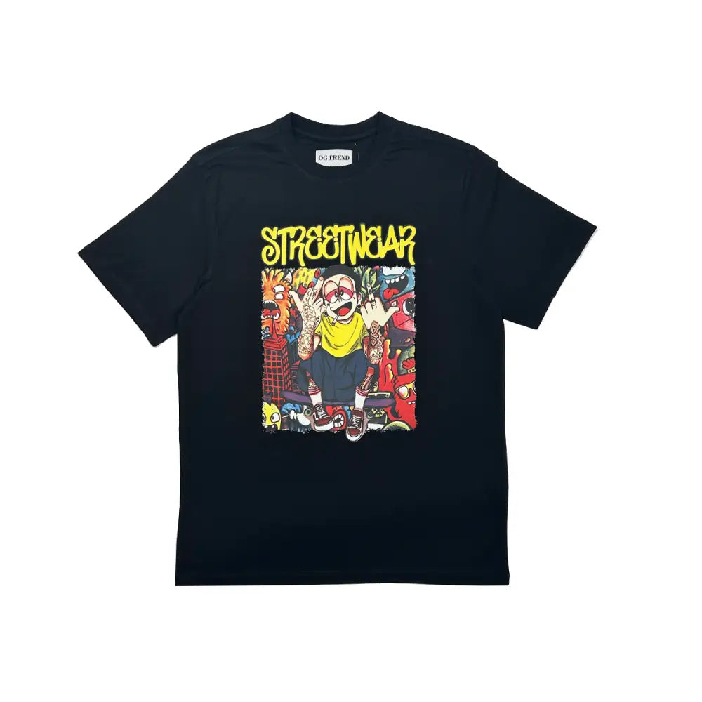 Street wear half sleeve black t-shirt with cartoon graphic for trendy street wear style