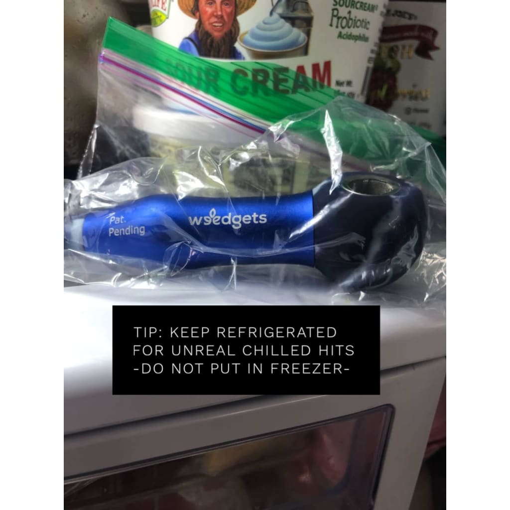 Blue vibrator with incredible coughless technology packaging for smooth, cool hits