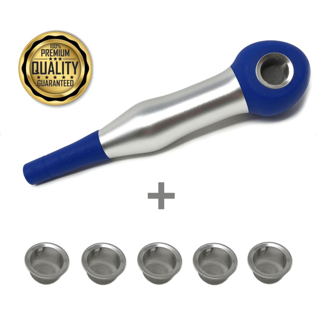 Metal and blue curved smoking pipe with coughless technology for cool, smooth hits