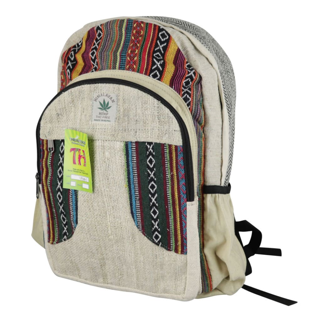 Threadheads Hemp Backpack with ethnic pattern stripes, zippered main compartment, fair trade