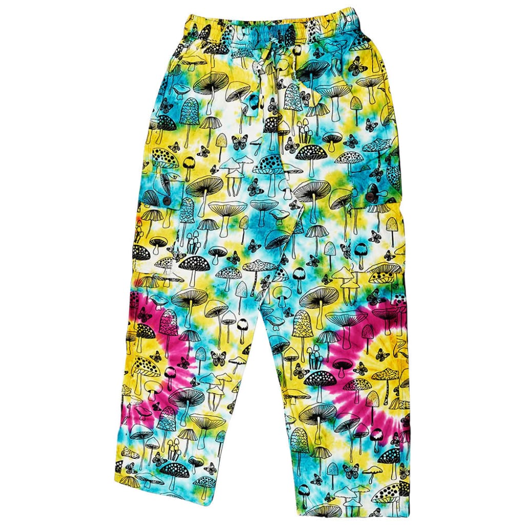 Threadheads Tie Dye Mushroom Cargo Pants with vibrant mushroom and butterfly print pattern