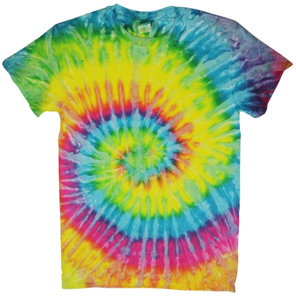 Vibrant Interplanetary Journey tie-dye t-shirt in rainbow spiral pattern