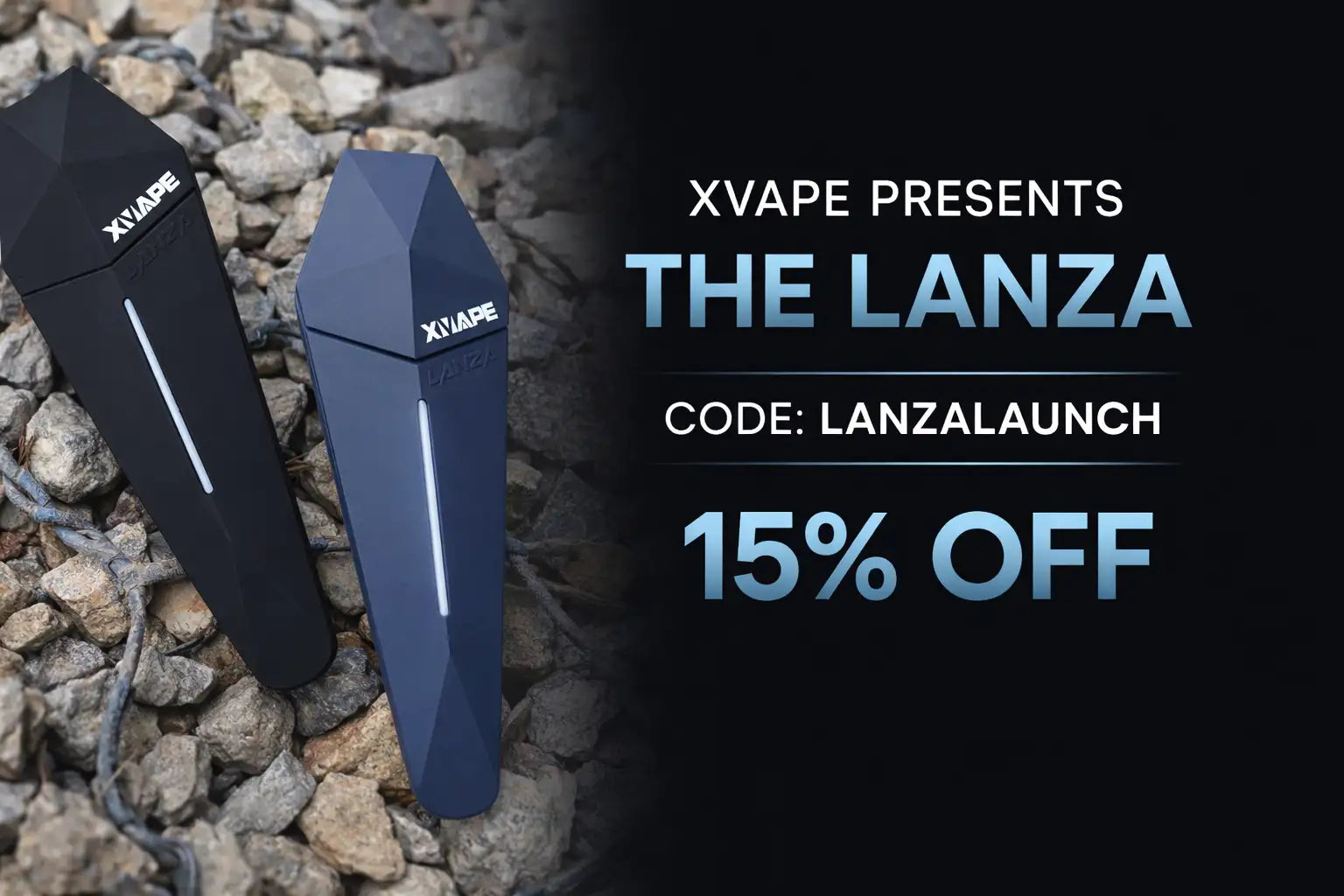 Two sleek, coffin-shaped electronic vaporizers in matte black and dark blue with white accent lines.