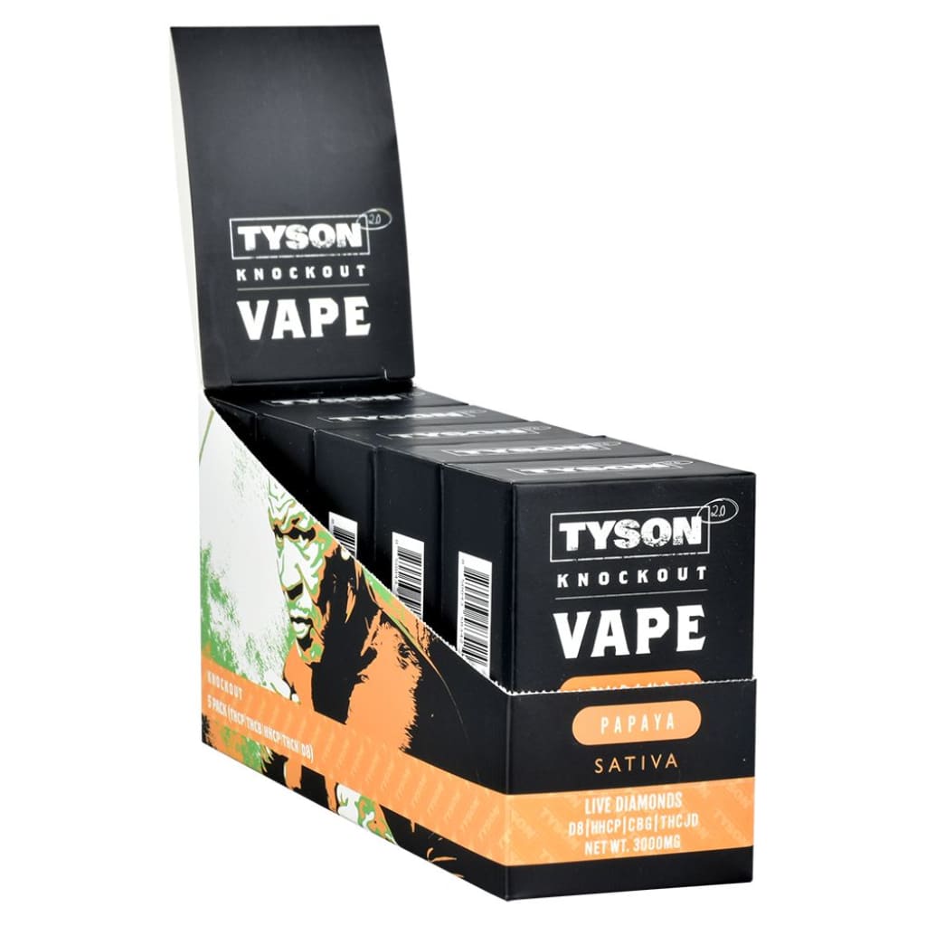 Display box with Tyson Knockout Live Diamonds Disposable Vapes in Papaya Sativa flavor