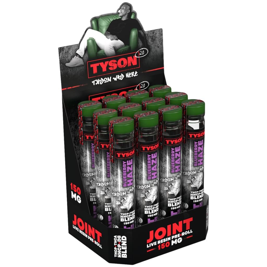 Live resin pre-rolled cannabis joints 150mg in a reusable tin branded as ’Tyson’ products