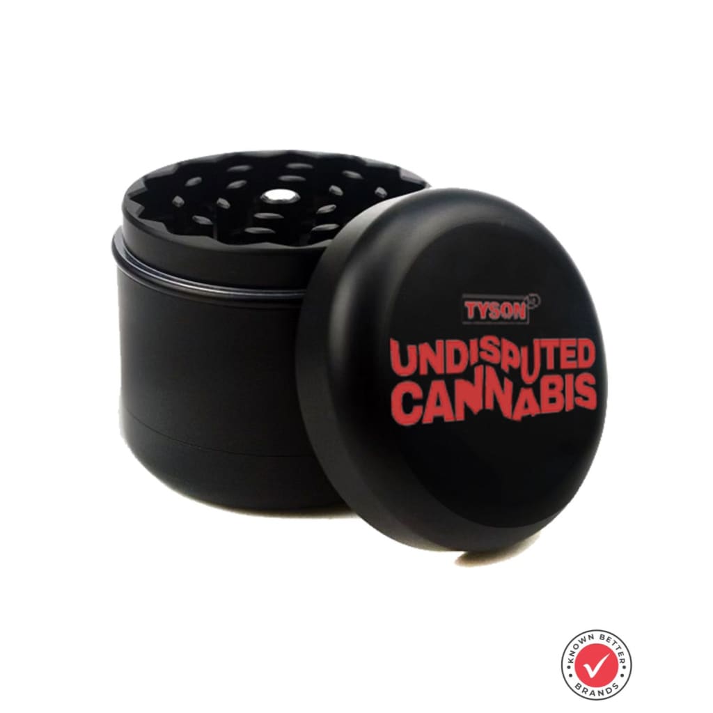 Black Tyson 2.0 Undisputed grinder with red cannabis logo