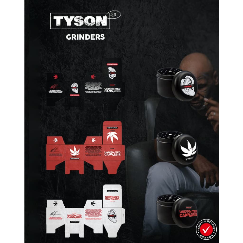 Tyson 2.0 Undisputed 4-part grinder with cannabis leaf logo